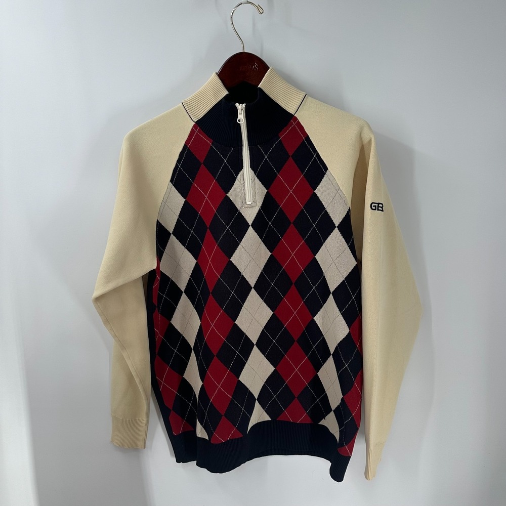 Vtg Golden Bear By Jack Nicklaus Quarter Zip Argyle Golf Sweater Beige Size L